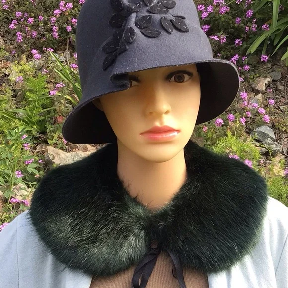 New Cloche Hat 100% wool felt charcoal tone with flowers Giovanni New York